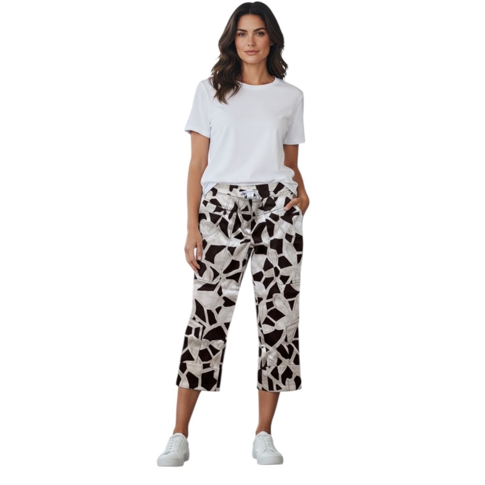 DIANE VON FURSTENBERG STRETCHY SILK BROWN WHITE CAPRI PANTS 6